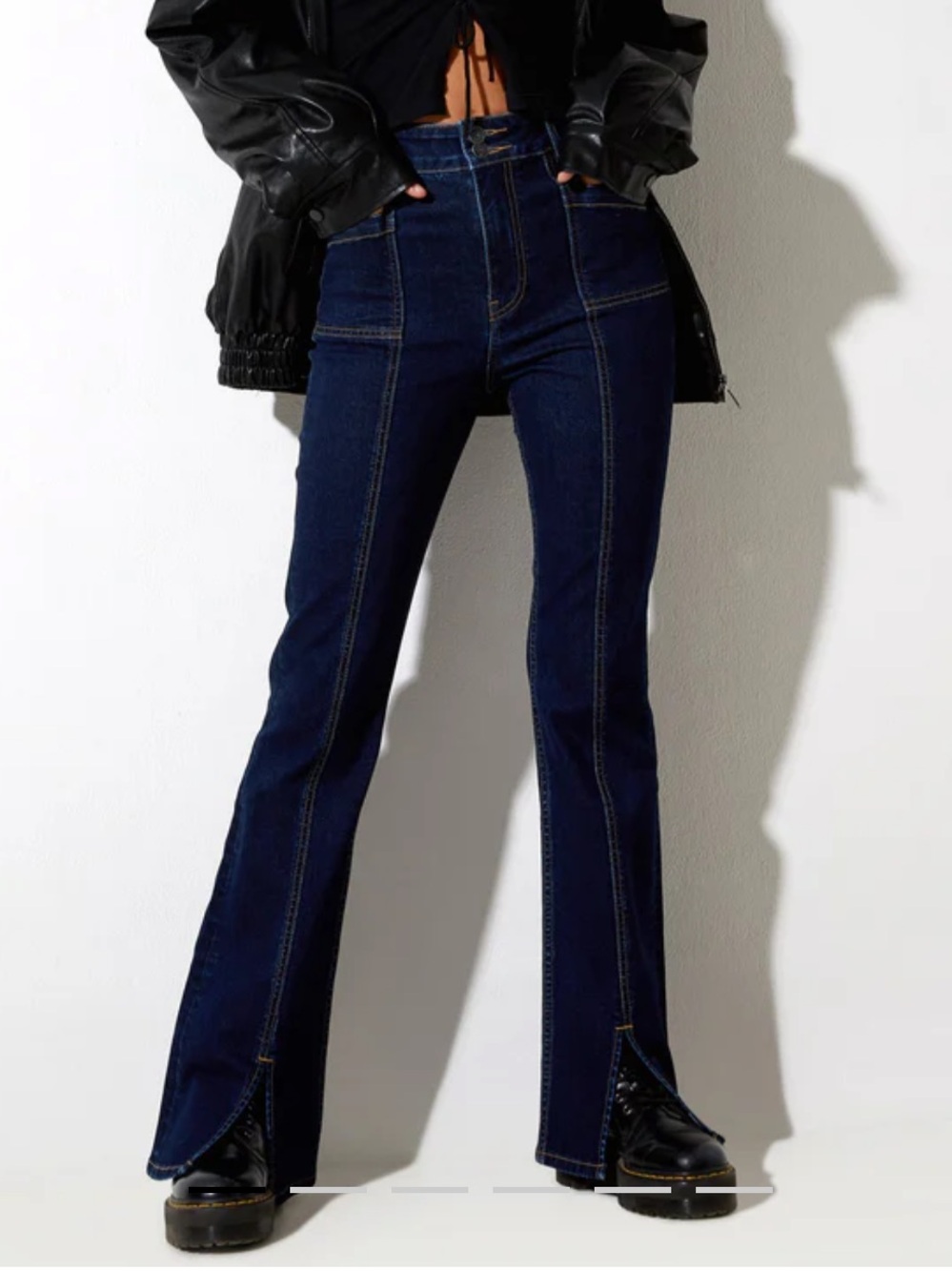 Motel Rocks Denim Seam Split Jeans Indigo Blue Flare High Waist Bootcut
